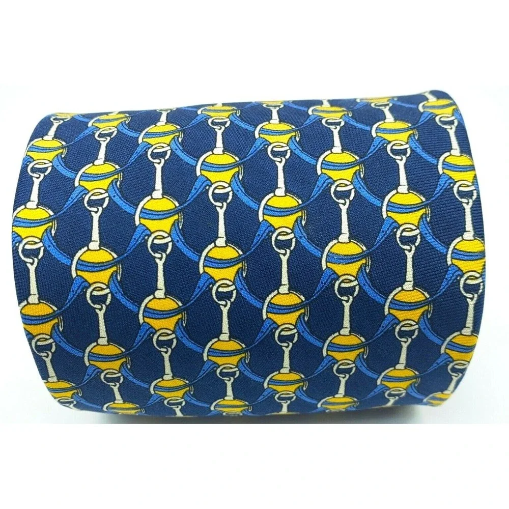 BROOKS BROTHERS MAKERS All Silk Equestrian Motif Blue Yellow Necktie Made in USA